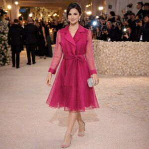 VTG Positively Ellyn Fucshia Sheer Sleeves Organza Belted Wrap Midi Dress Sz 14